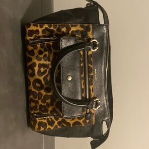 Karen Millen real leopard hair and black top handle satchel